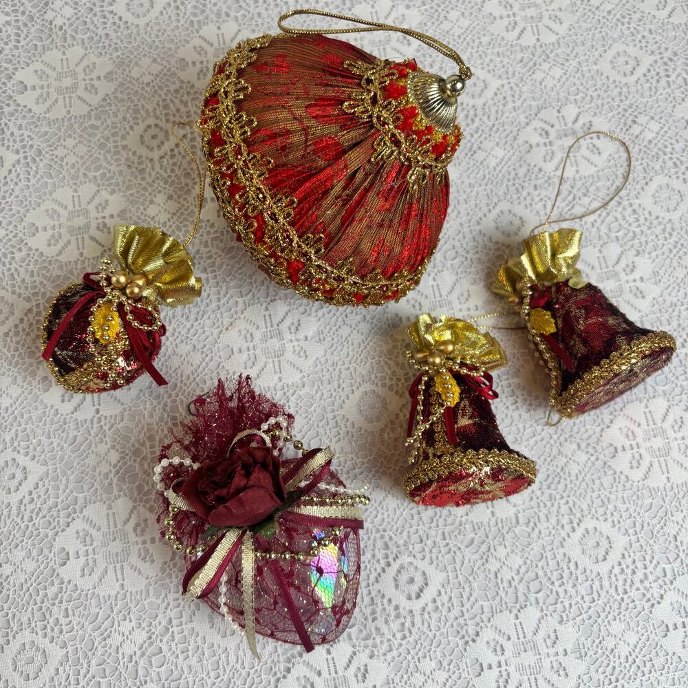 Vintage Victorian Christmas Ornament Lot of 5 Red Gold Victorian Fabric Decor